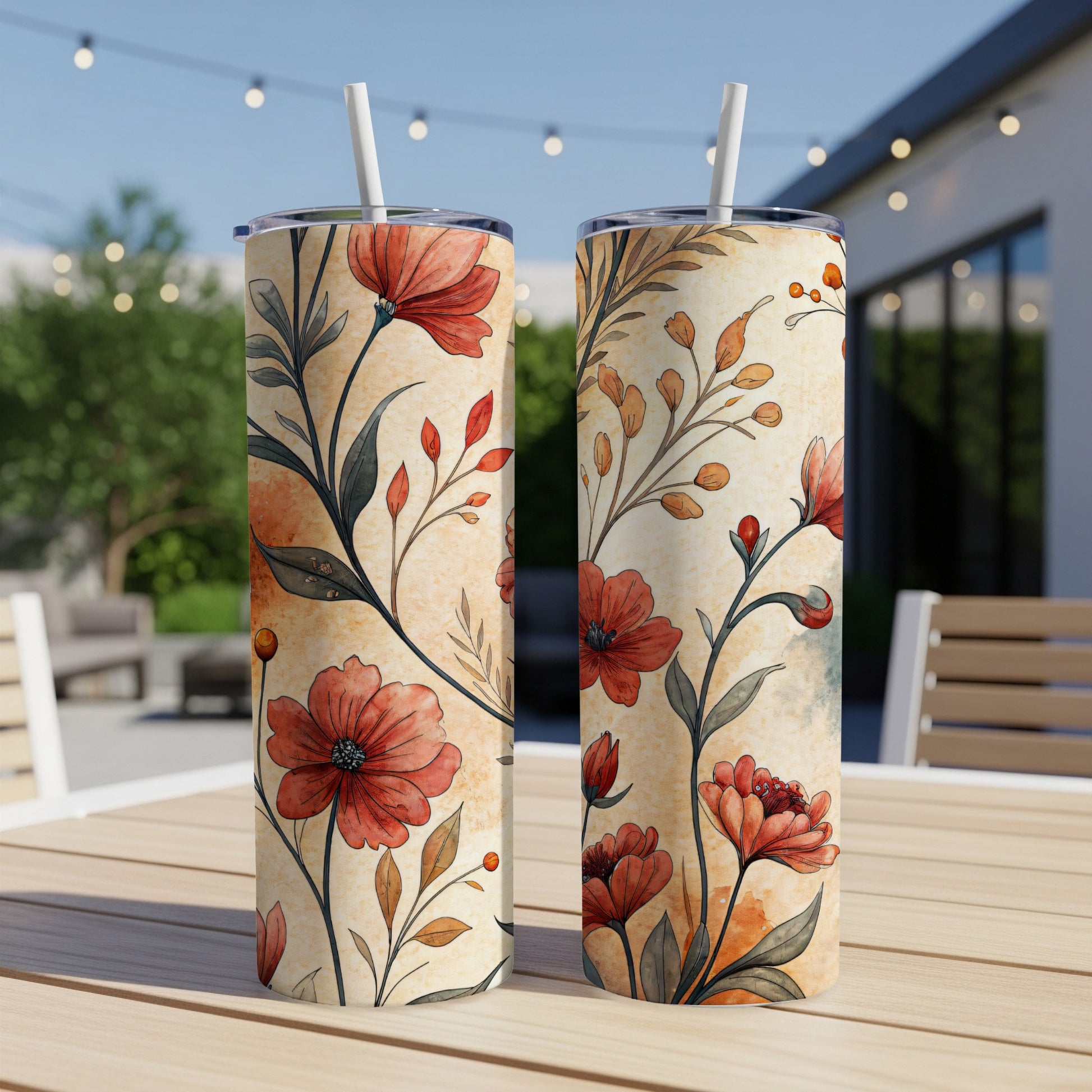 Red Floral Design on Cream 20 oz Skinny Tumbler - Walk Greener