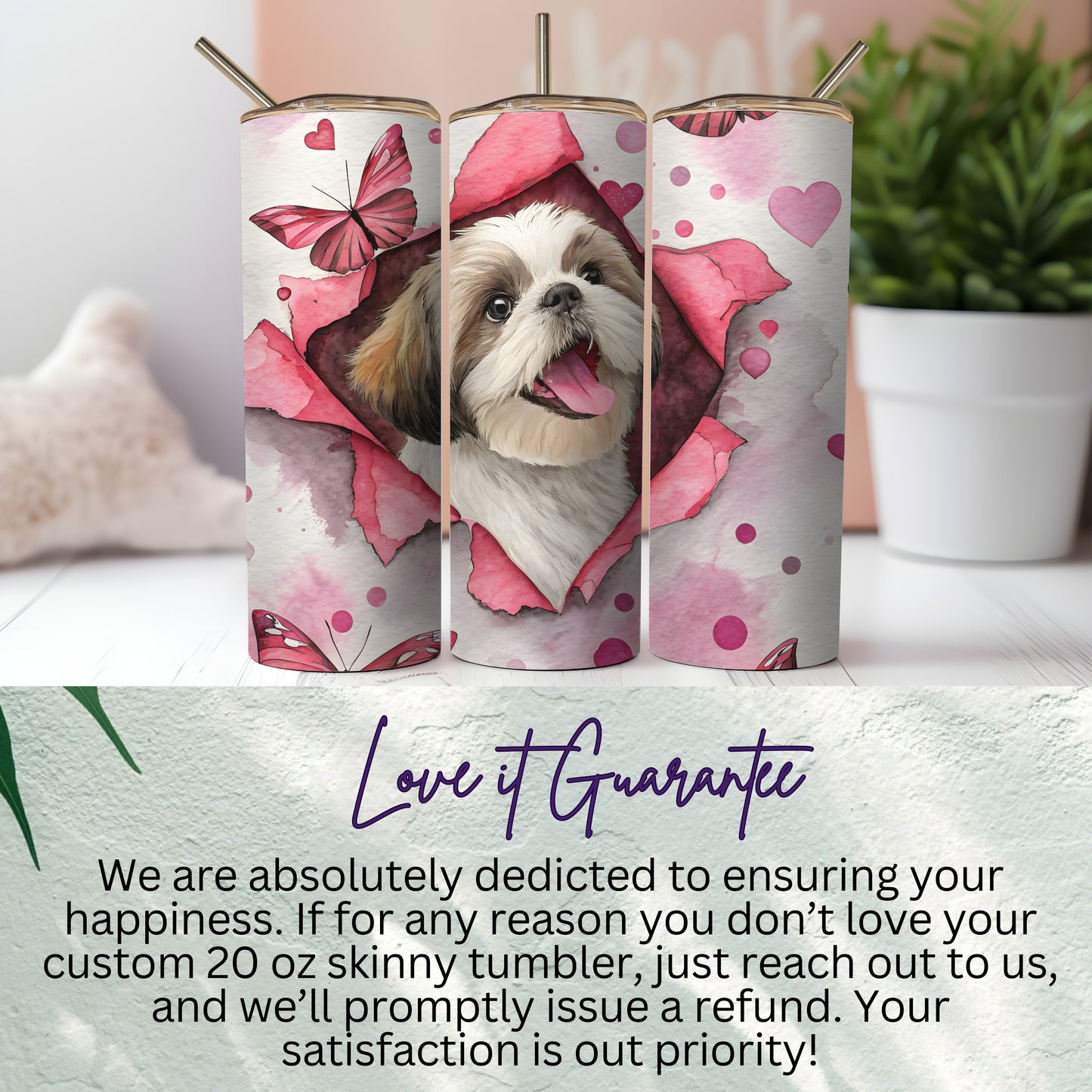 Cute Puppy and Pink Butterfly Design Skinny Tumbler