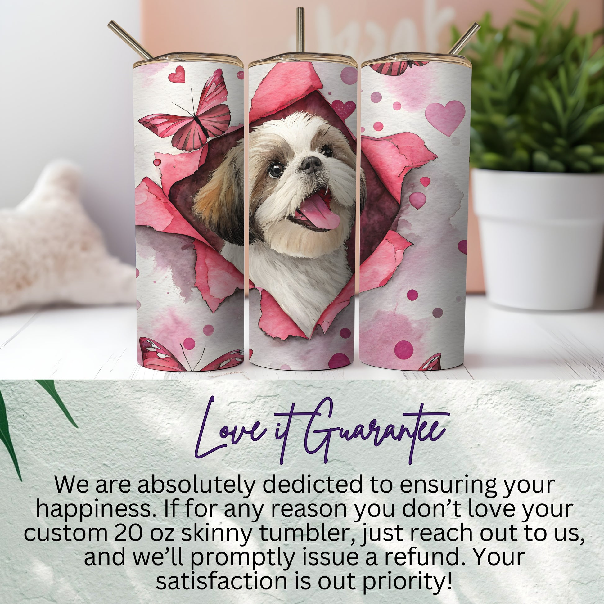 Cute Puppy and Pink Butterfly Design Skinny Tumbler