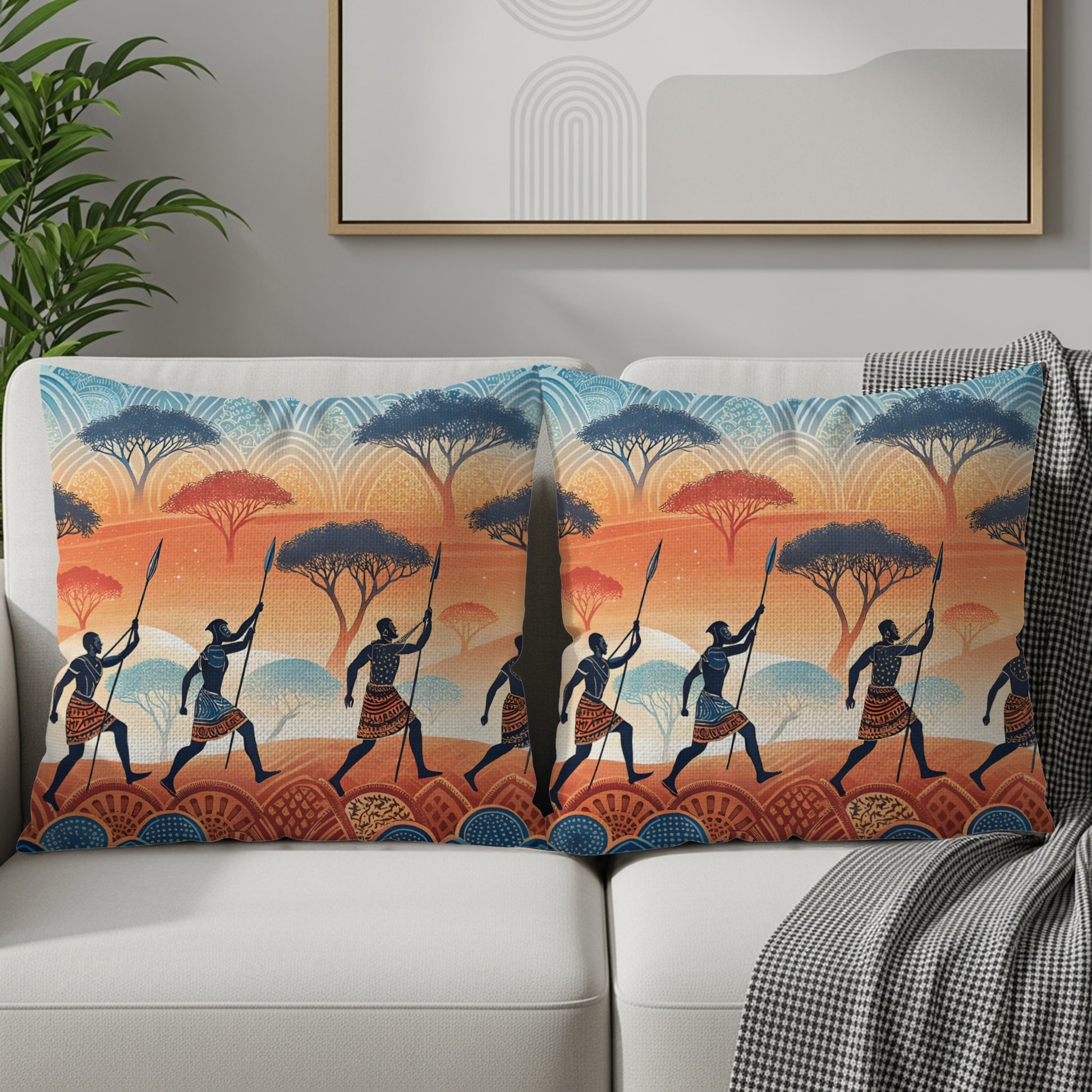 African Safari Warriors Under Acacia Trees Pattern Pillows & Pillow Cases - Walk Greener