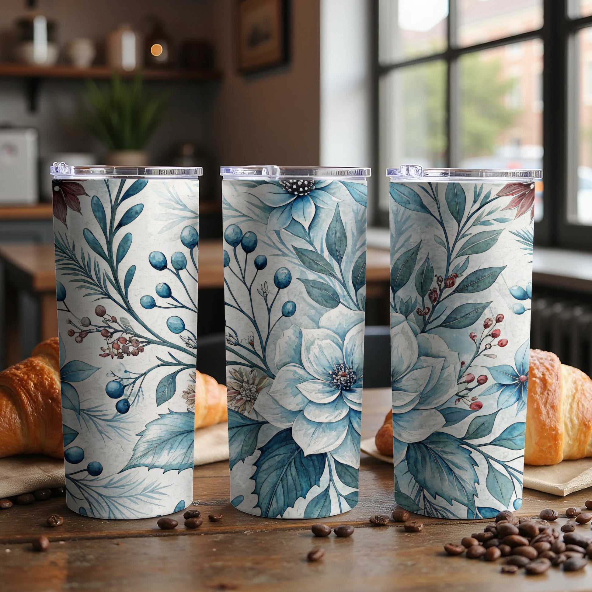 Blue Floral Art Pattern Insulated Tumbler Cup Product