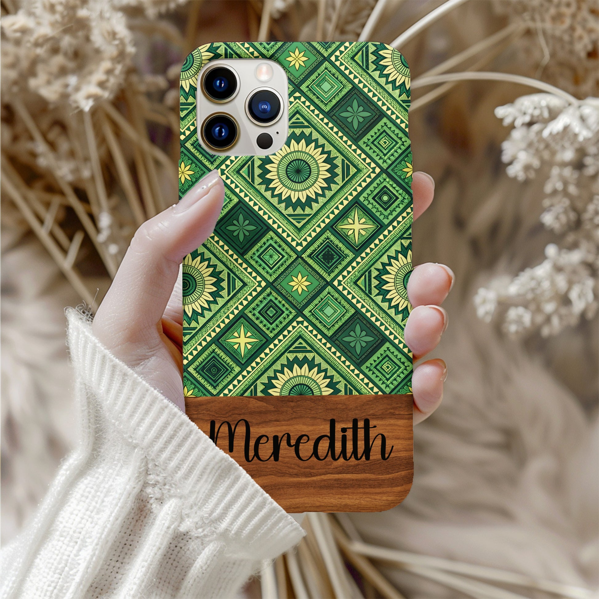 Geometric Green and Yellow Pattern with Custom Name Case - Walk Greener