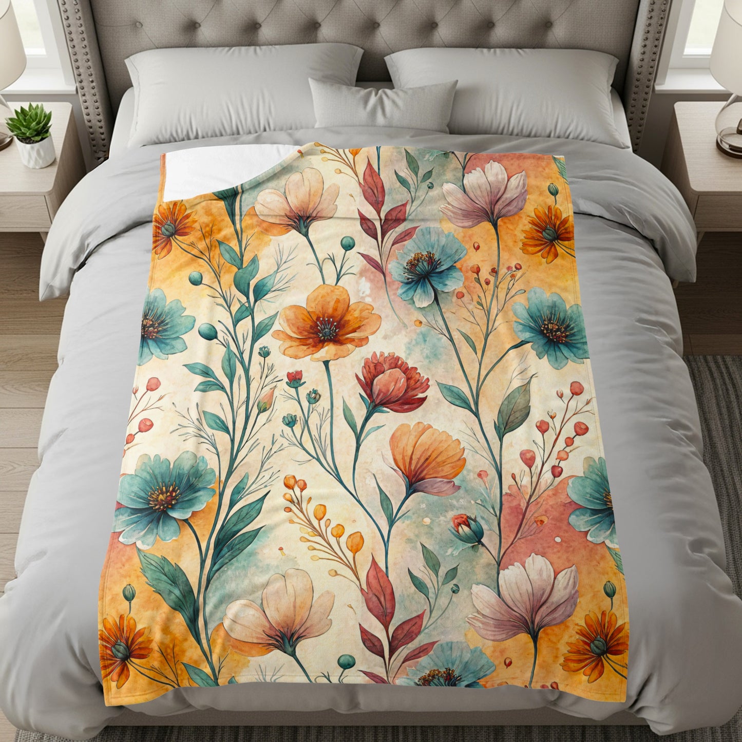 Floral Symphony a Watercolor Delight Velveteen Plush Blankets - Walk Greener