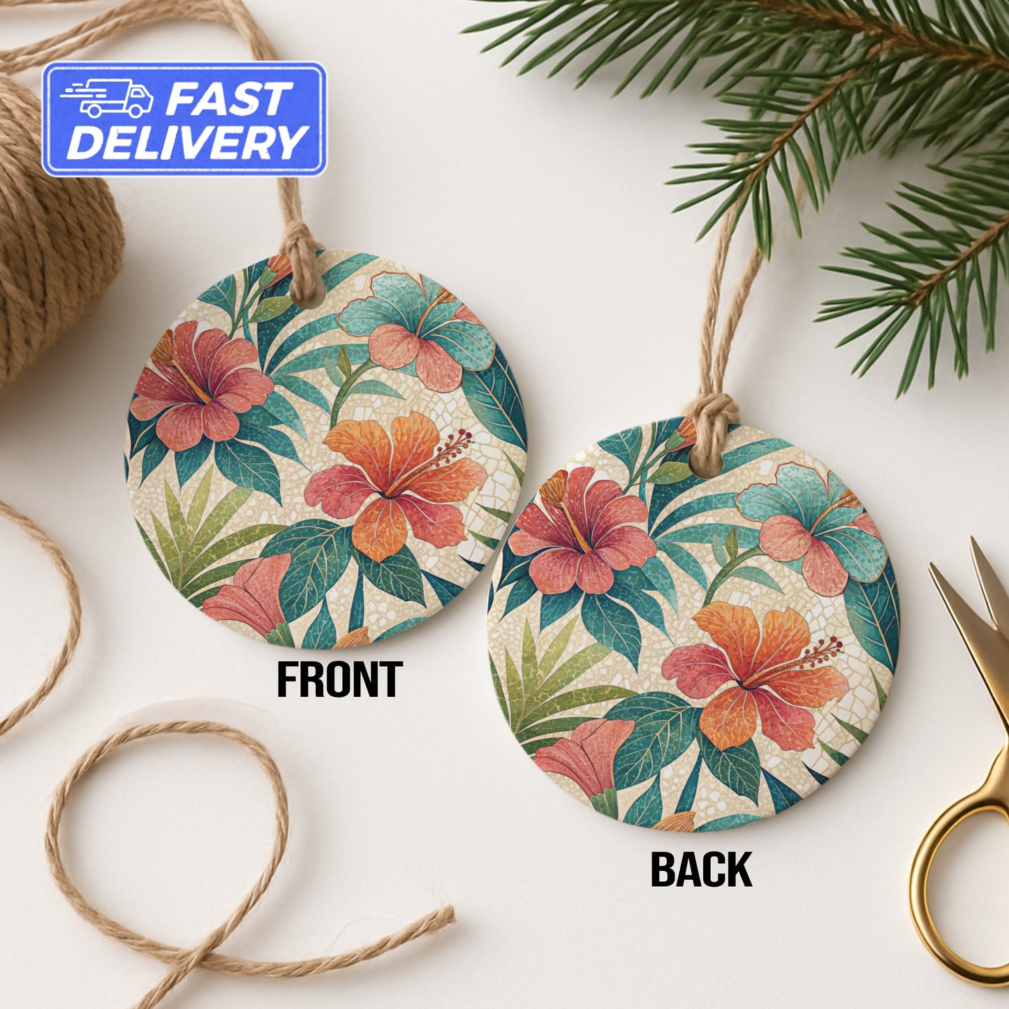 Tropical Hibiscus Floral Design Round Hanging Ornament