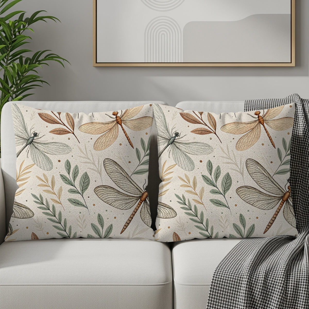 Folded dragonfly botanical throw pillow cover showing the spun polyester fabric texture