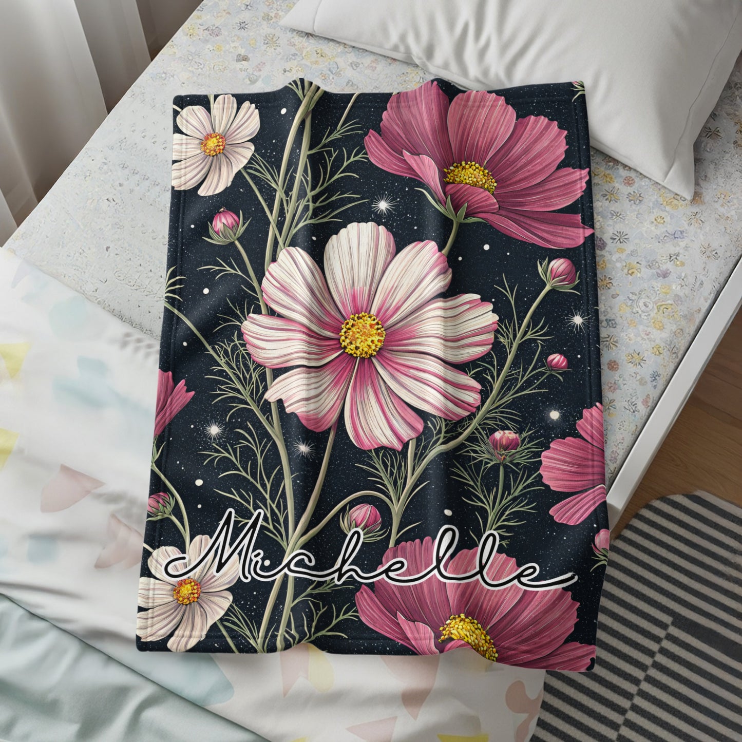 Cosmos Flowers With Custom Name On Dark Backdrop Custom Blanket - Walk Greener