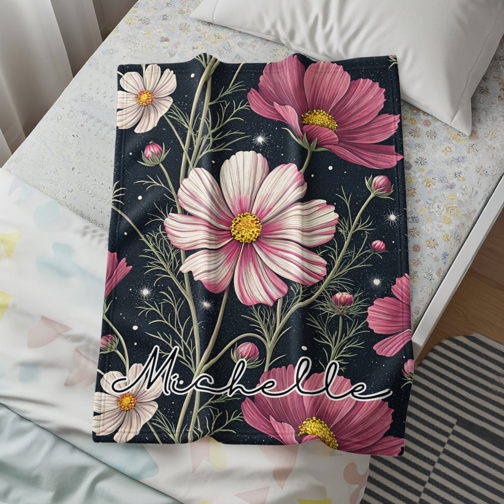 Cosmos Flowers With Custom Name On Dark Backdrop Custom Blanket - Walk Greener