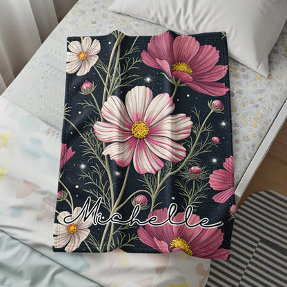 Cosmos Flowers With Custom Name On Dark Backdrop Custom Blanket - Walk Greener