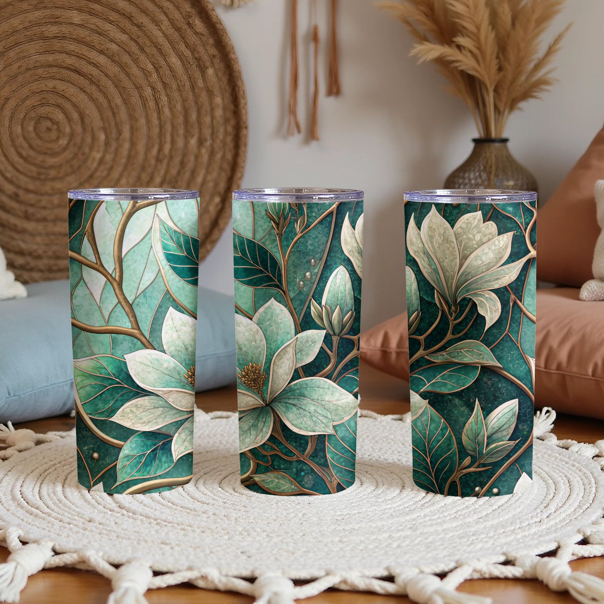 Floral Fantasy With Emerald Leaves and Ivory Flowers 20 oz Skinny Tumbler - Walk Greener