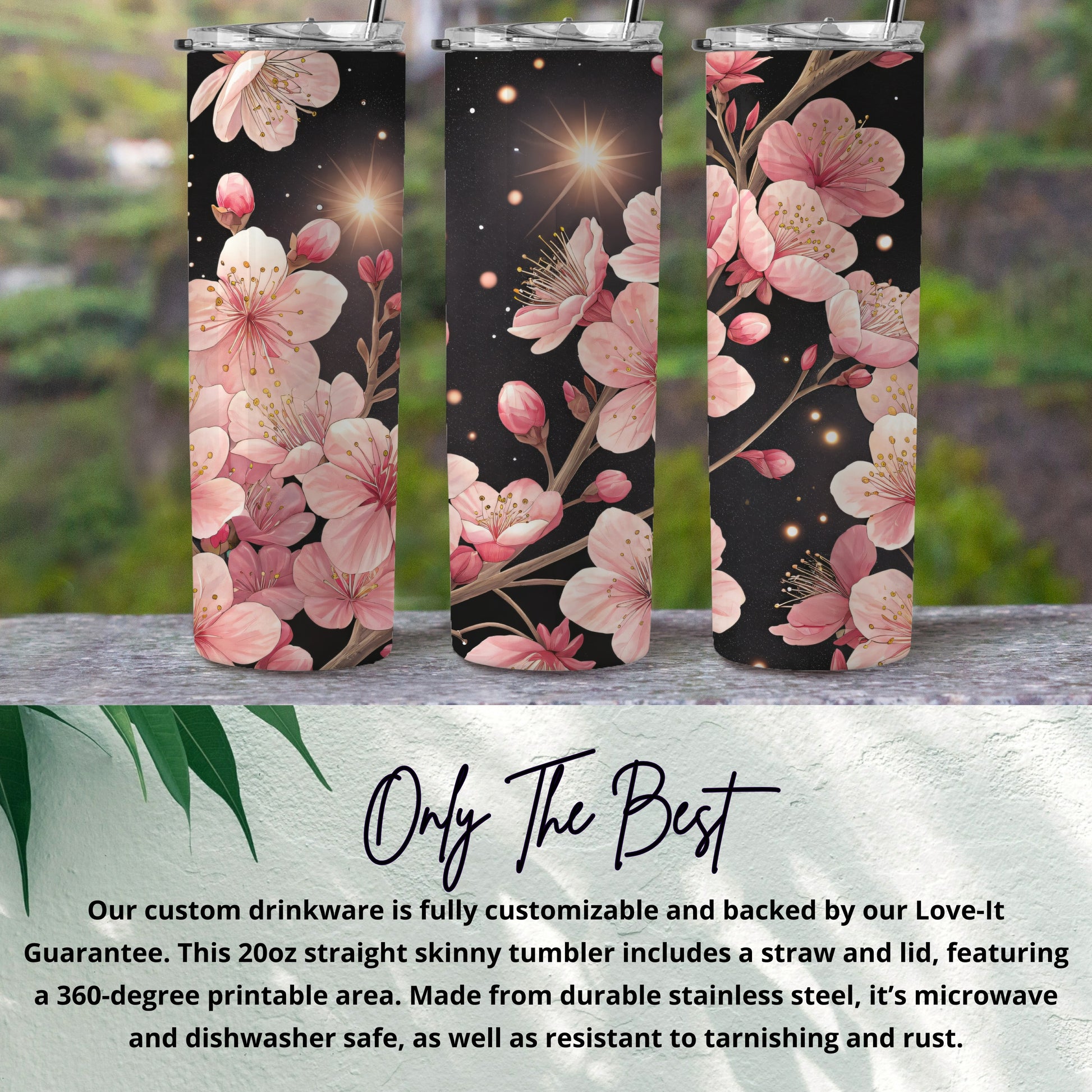 Pink Blossoms Against a Night Sky Floral Design Tumblers - Walk Greener