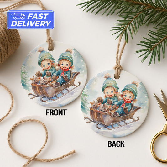Festive Kids on Sled Double Sided Ornament product type