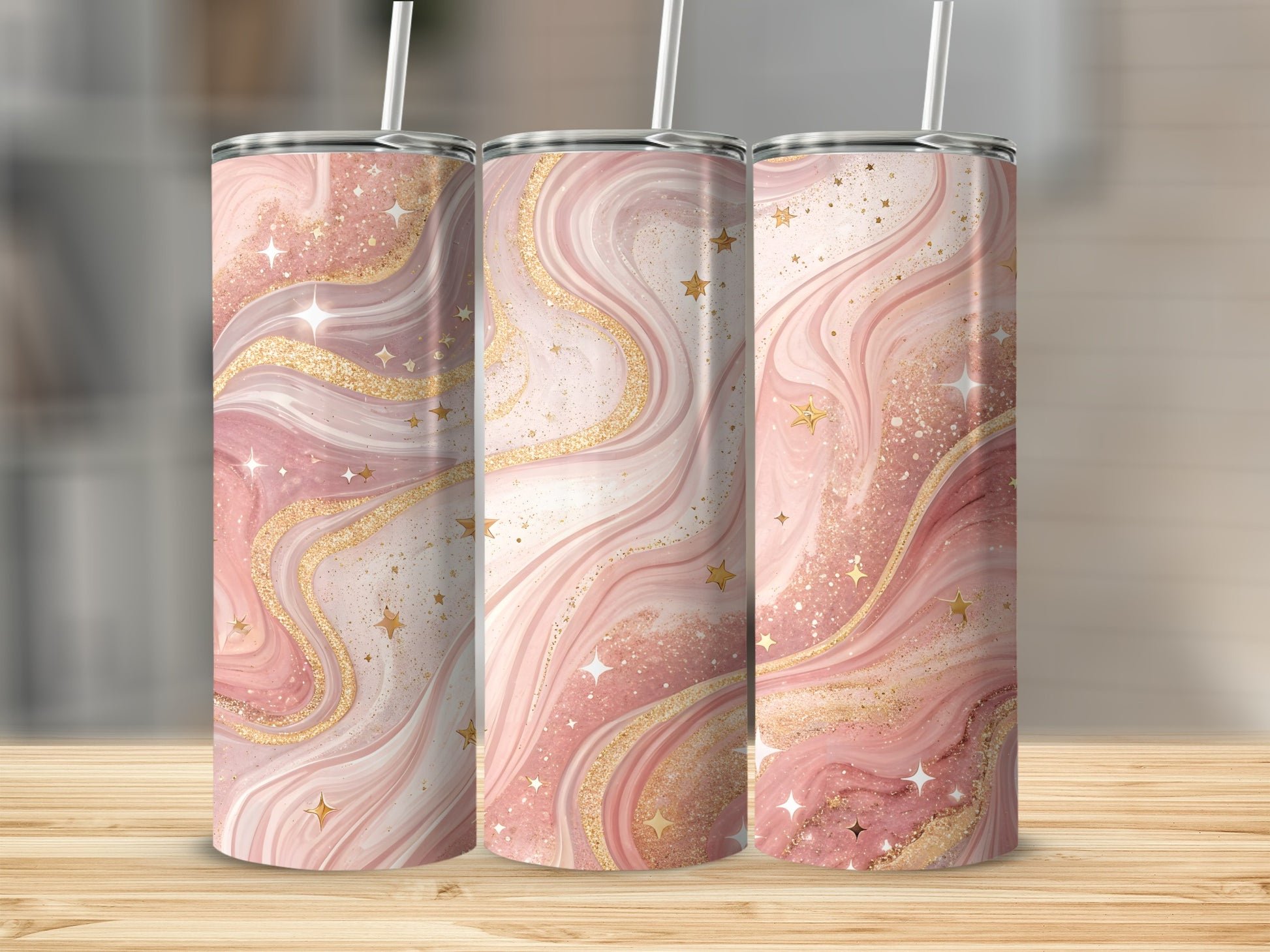 Glittery Pink and Gold Swirl Tumbler with Stars Design