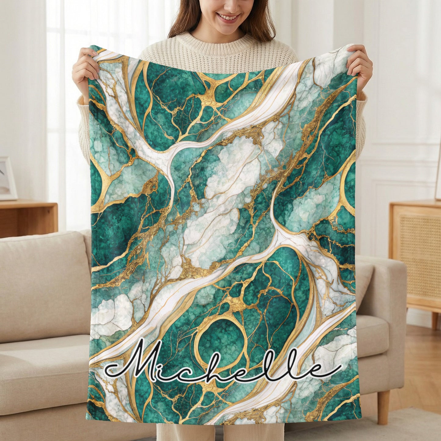 Teal Marble Design with Golden Veins Custom Name Blanket - Walk Greener