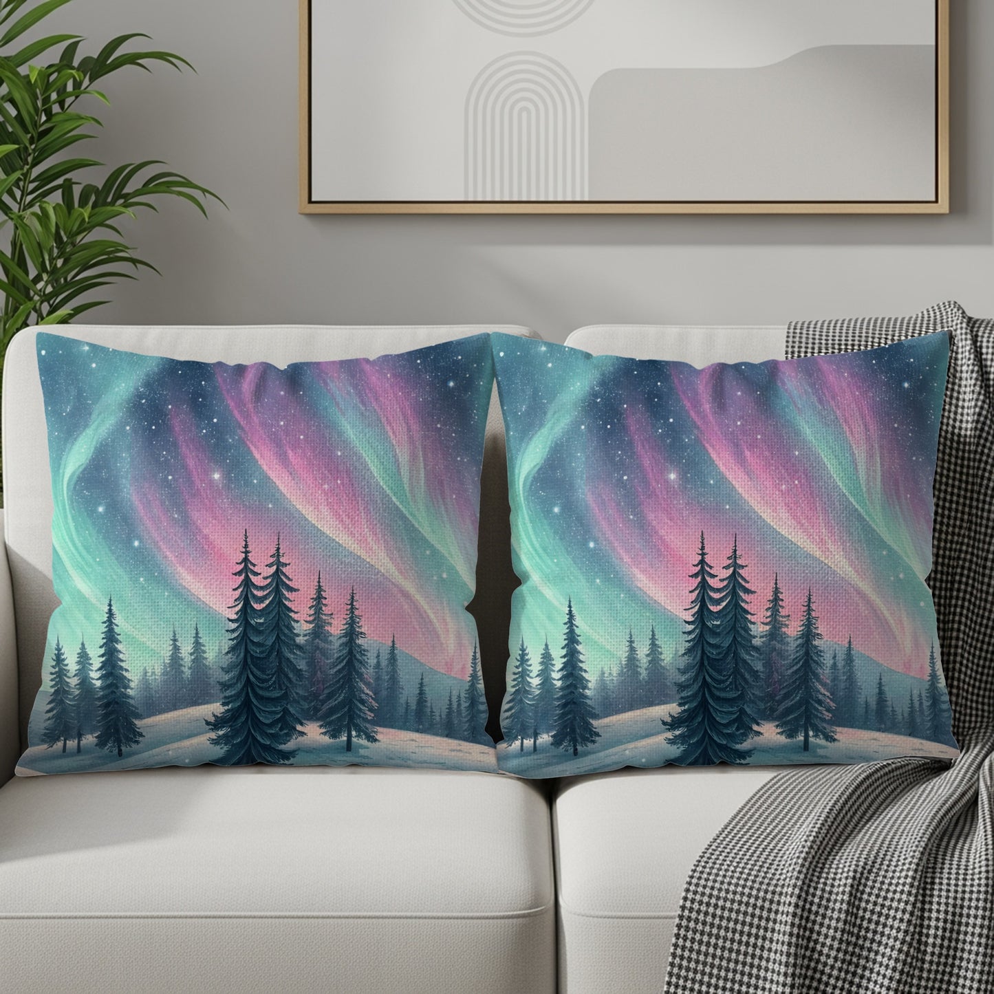 Northern Lights Sky with Pine Trees Throw Pillow Set