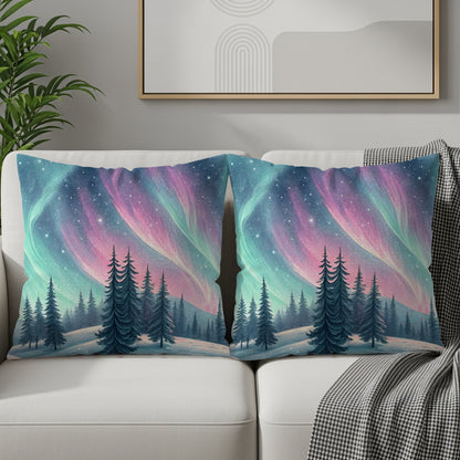 Northern Lights Sky with Pine Trees Throw Pillow Set