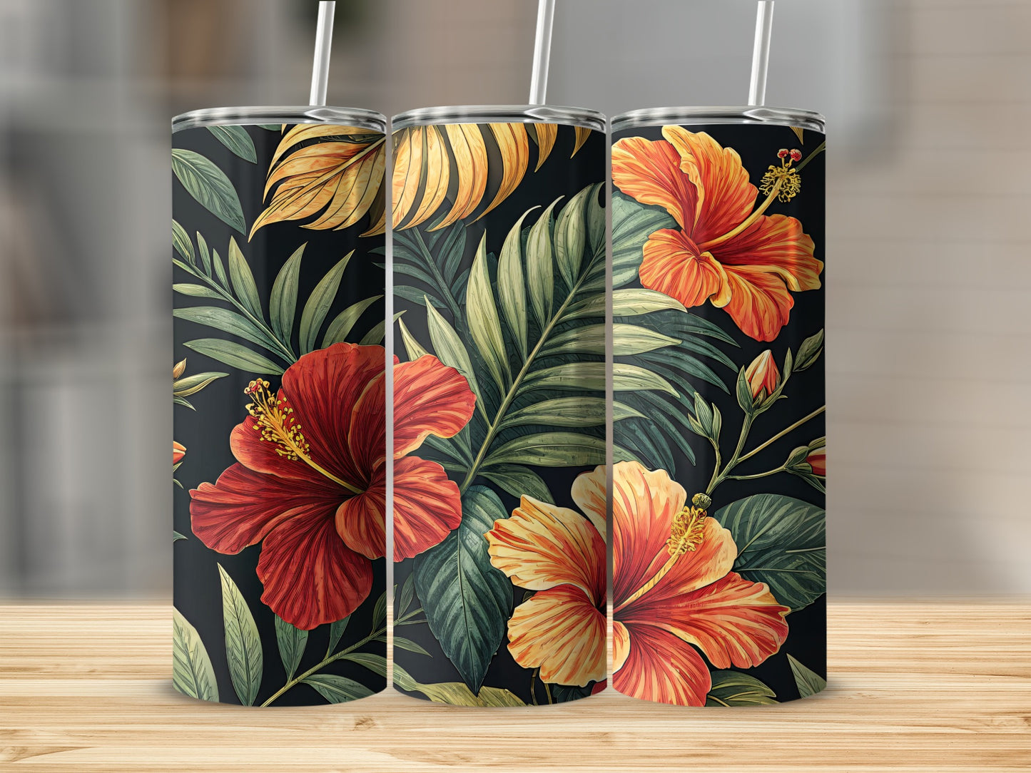 Tropical Floral Pattern Stainless Steel Tumbler Product