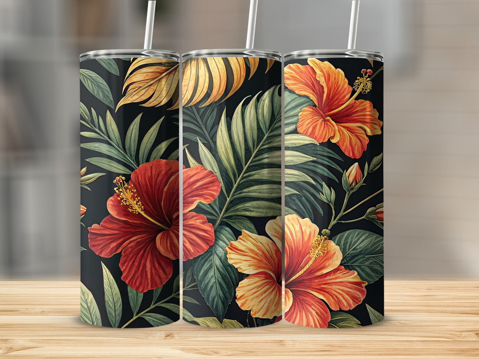 Tropical Floral Pattern Stainless Steel Tumbler Product