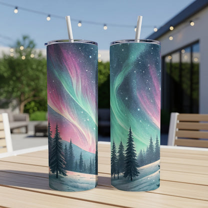 Aurora Borealis Over Snowy Forest Winter Scene Tumbler - Walk Greener