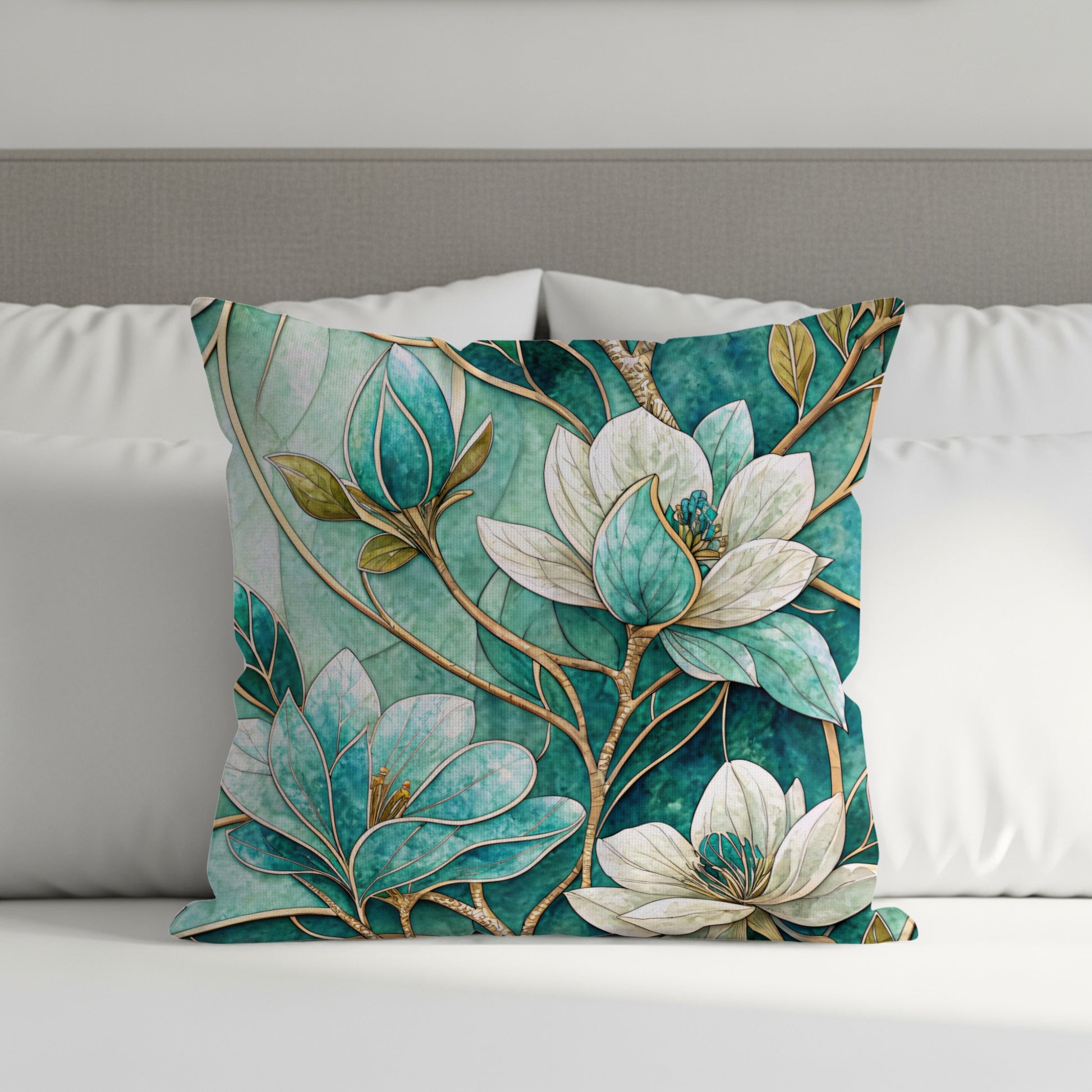 Elegant Floral Mosaic Design on Emerald Green Throw Pillows - Walk Greener