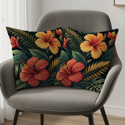 Tropical Hibiscus Floral Leaves Print Decorative Floral Throw Pillows - Walk Greener