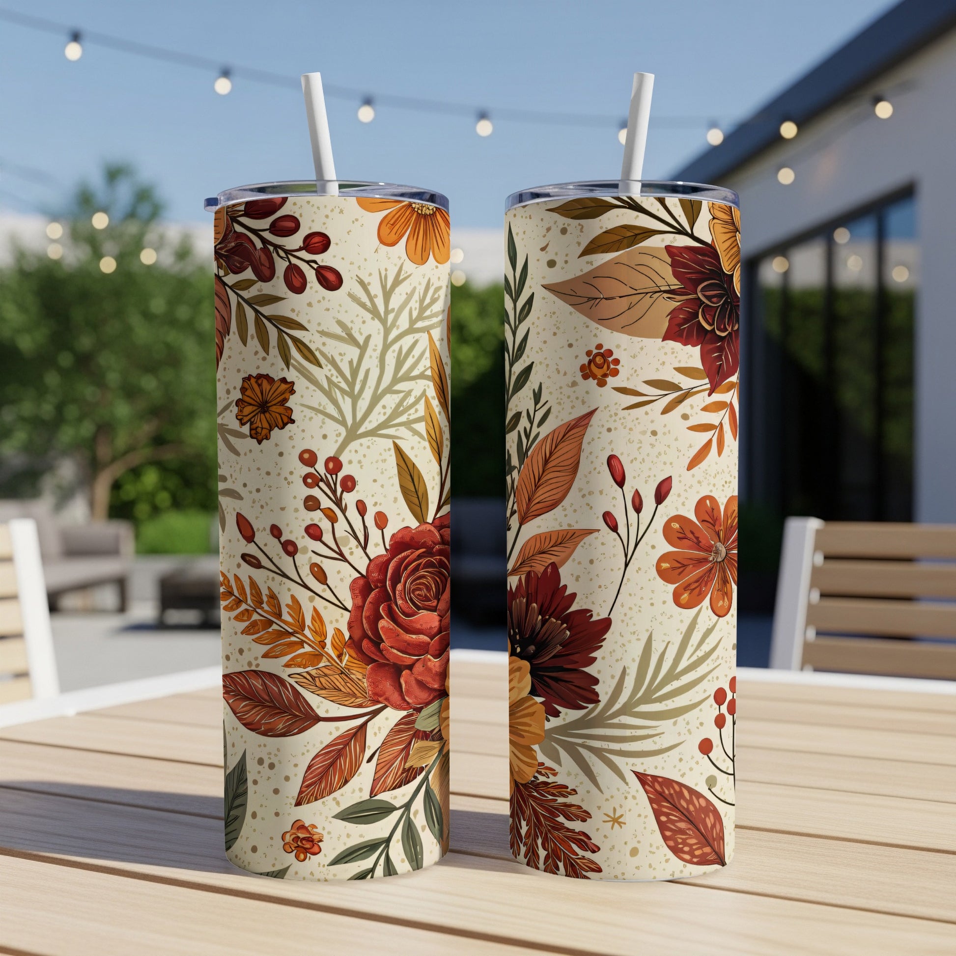 Autumn Floral Design Insulated Tumbler Cup with Straw