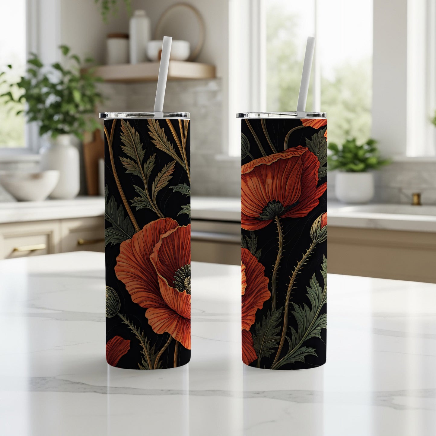 Floral Poppy Design Insulated Tumbler with Straw