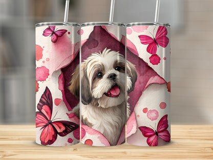 Cute Puppy with Pink Butterflies Tumbler Product