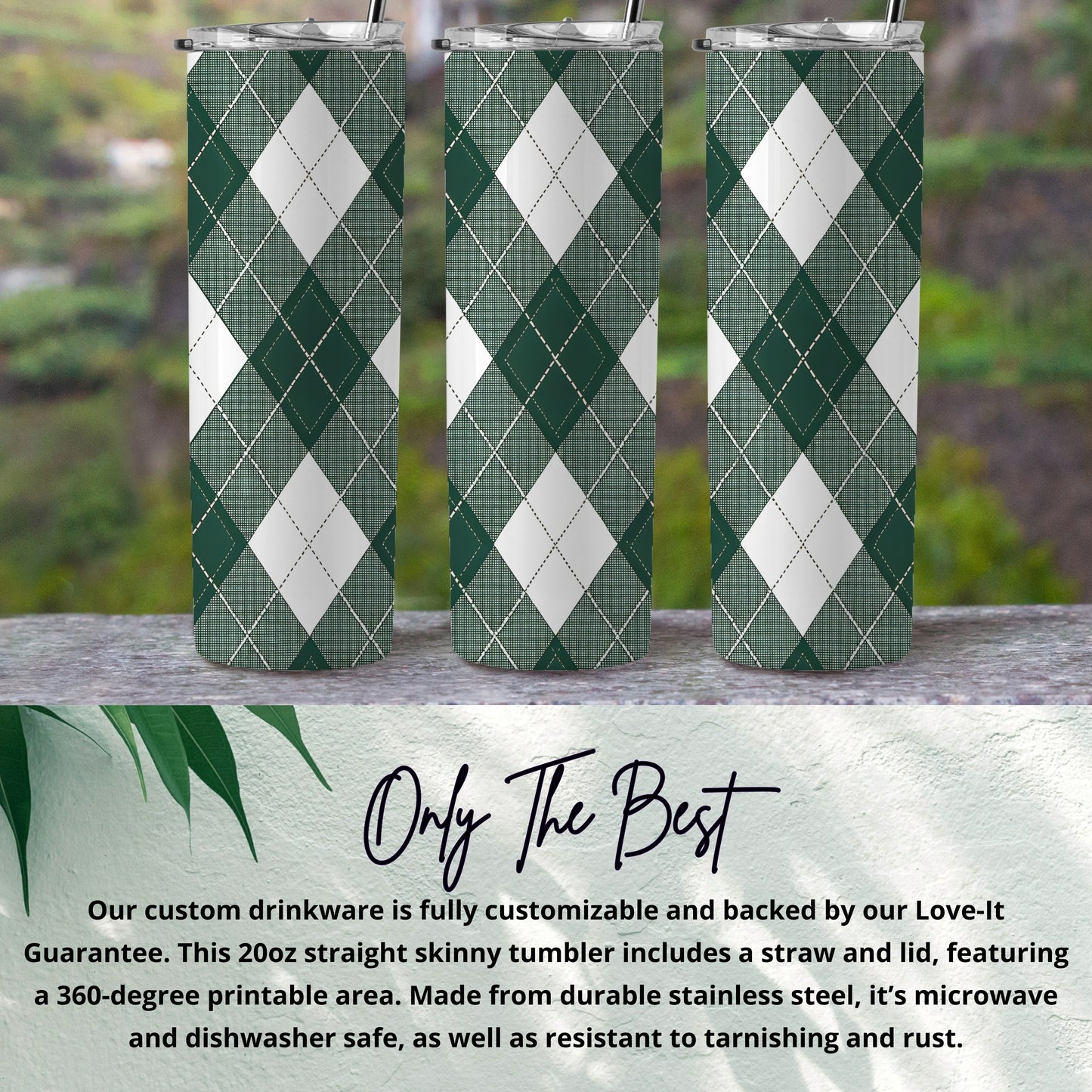 Green and White Argyle Pattern Skinny Tumbler Cup