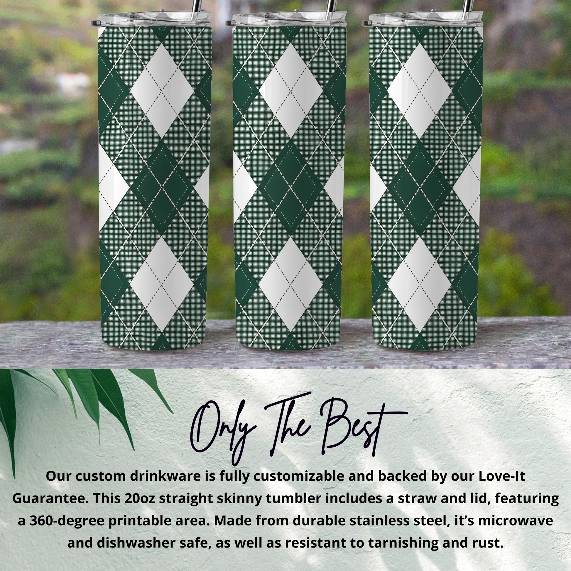 Green and White Argyle Pattern Skinny Tumbler Cup