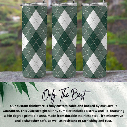 Green and White Argyle Pattern Skinny Tumbler Cup