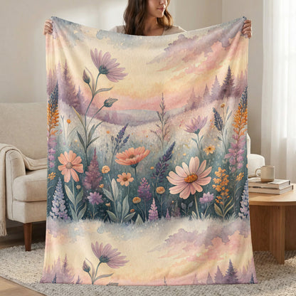 Floral Watercolor Meadow with Sunset Hues Velveteen Plush Blankets - Walk Greener
