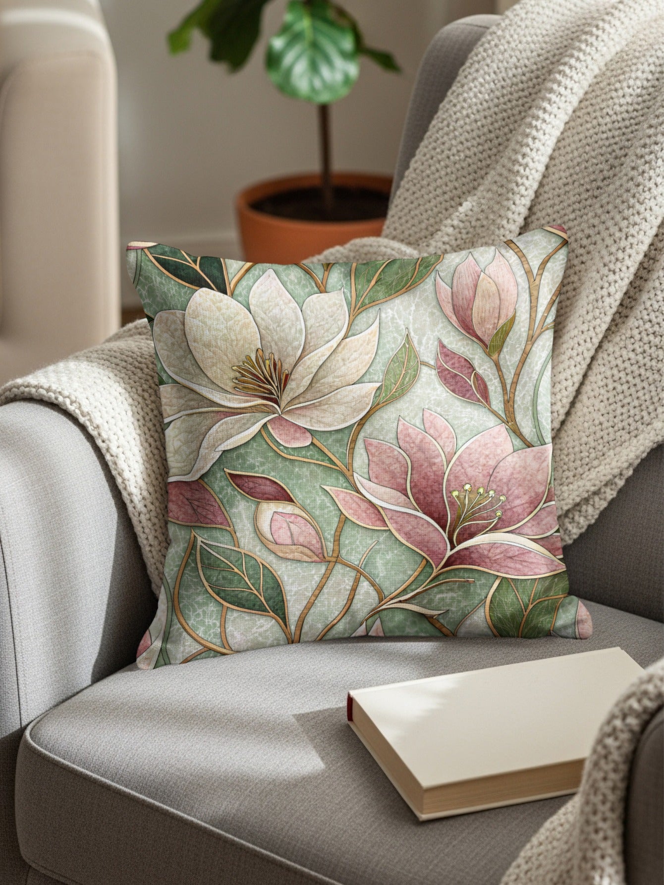 Floral Pattern Delicate Magnolia Blossoms Home Decor Throw Pillows - Walk Greener