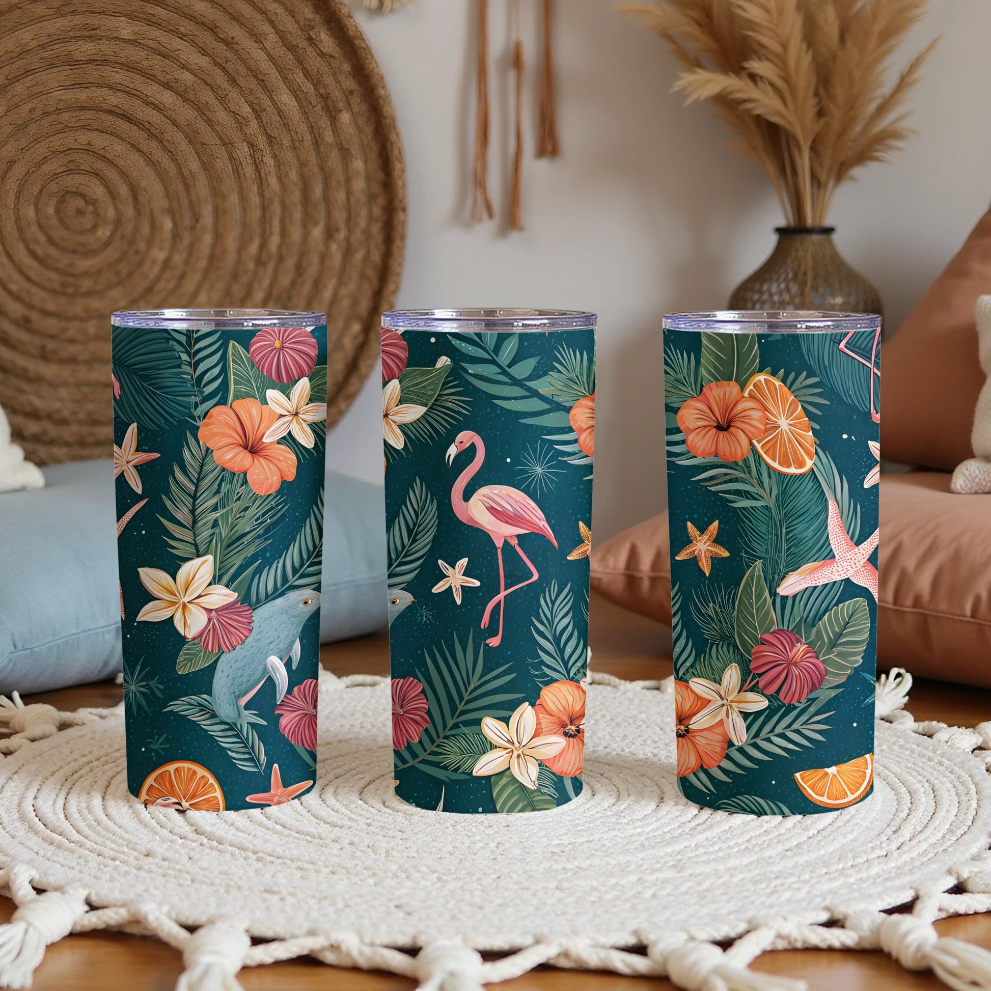 Tropical Floral and Flamingo Tumbler with Lid Drinkware