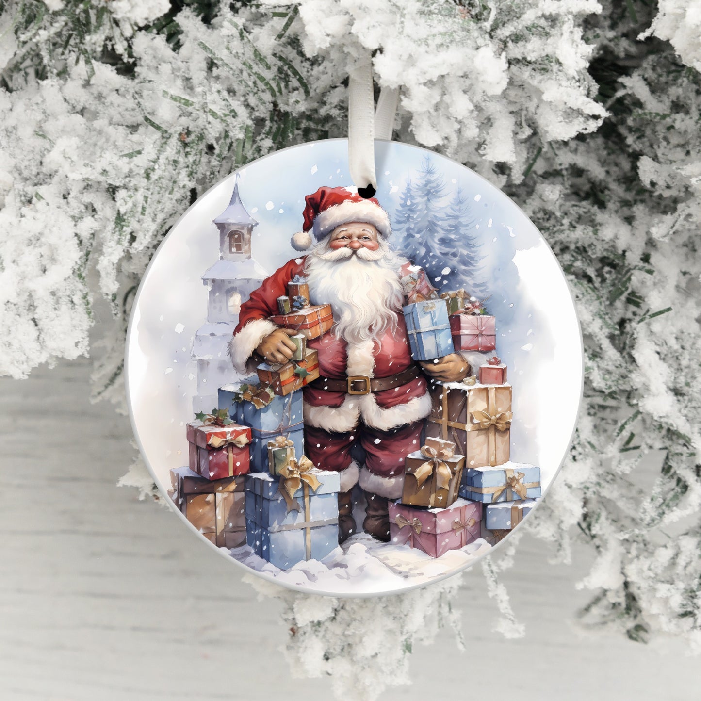 Santa with Gifts in Snowy Scene Christmas ornament product type