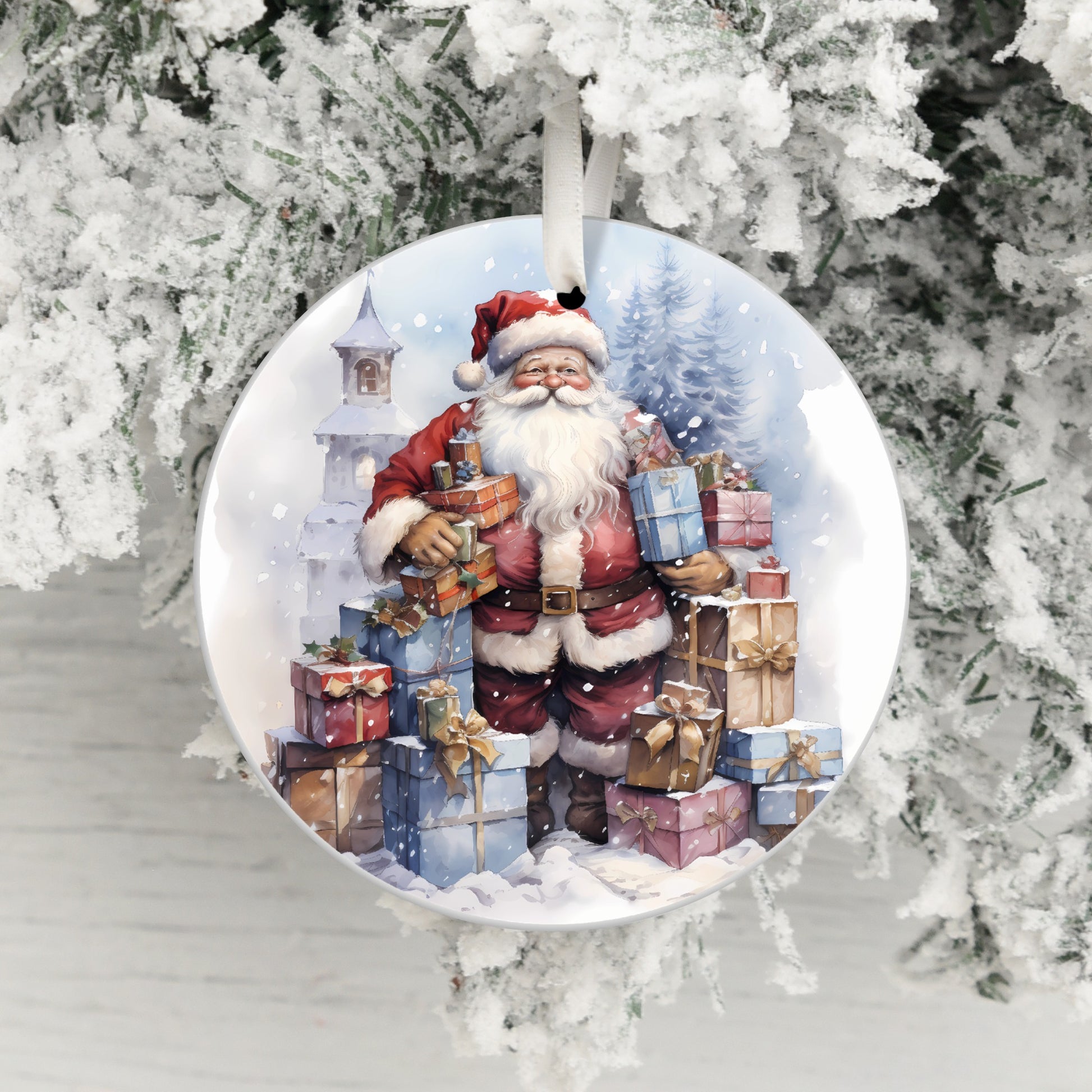 Santa with Gifts in Snowy Scene Christmas ornament product type