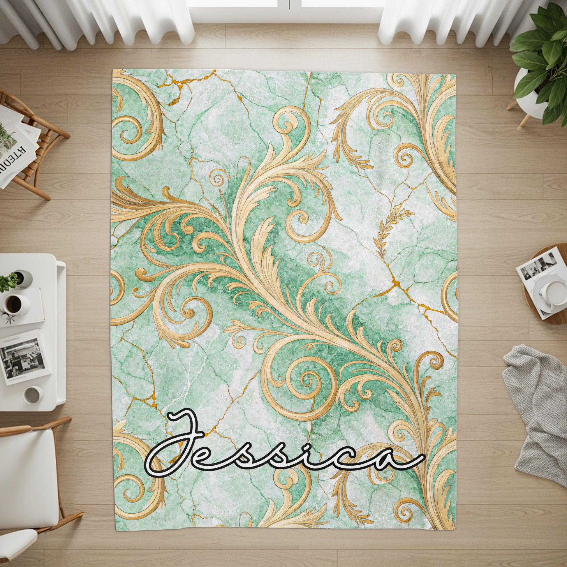 Custom Name Elegant Green and Gold Swirl Designed Rug