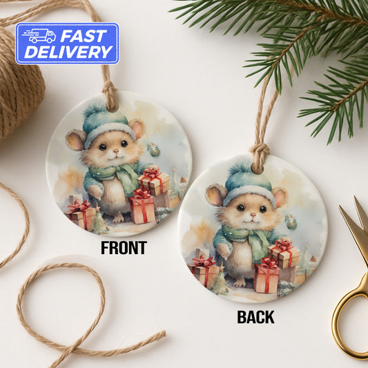 Cute Holiday Mouse with Gifts Round Ornament product type