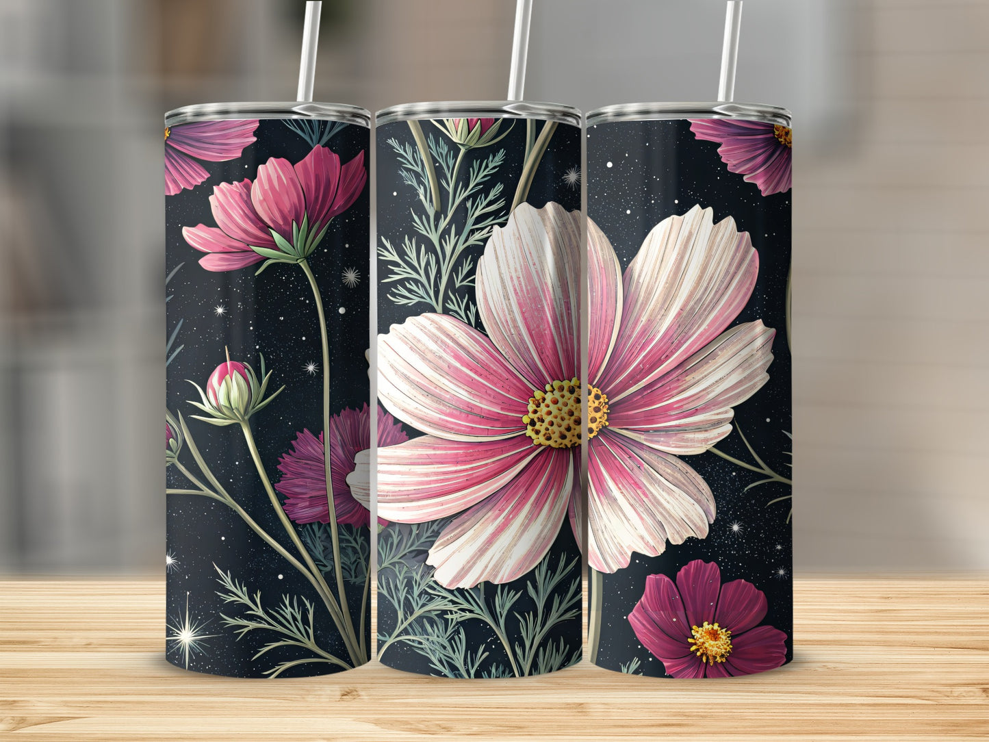 Elegant Cosmos Floral Pattern Design on Dark Backdrop Tumblers - Walk Greener