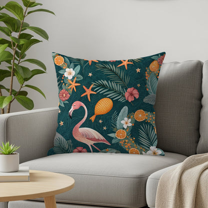 Tropical Flamingo Birds Palms Oranges Starfish Dark Teal Throw Pillows - Walk Greener
