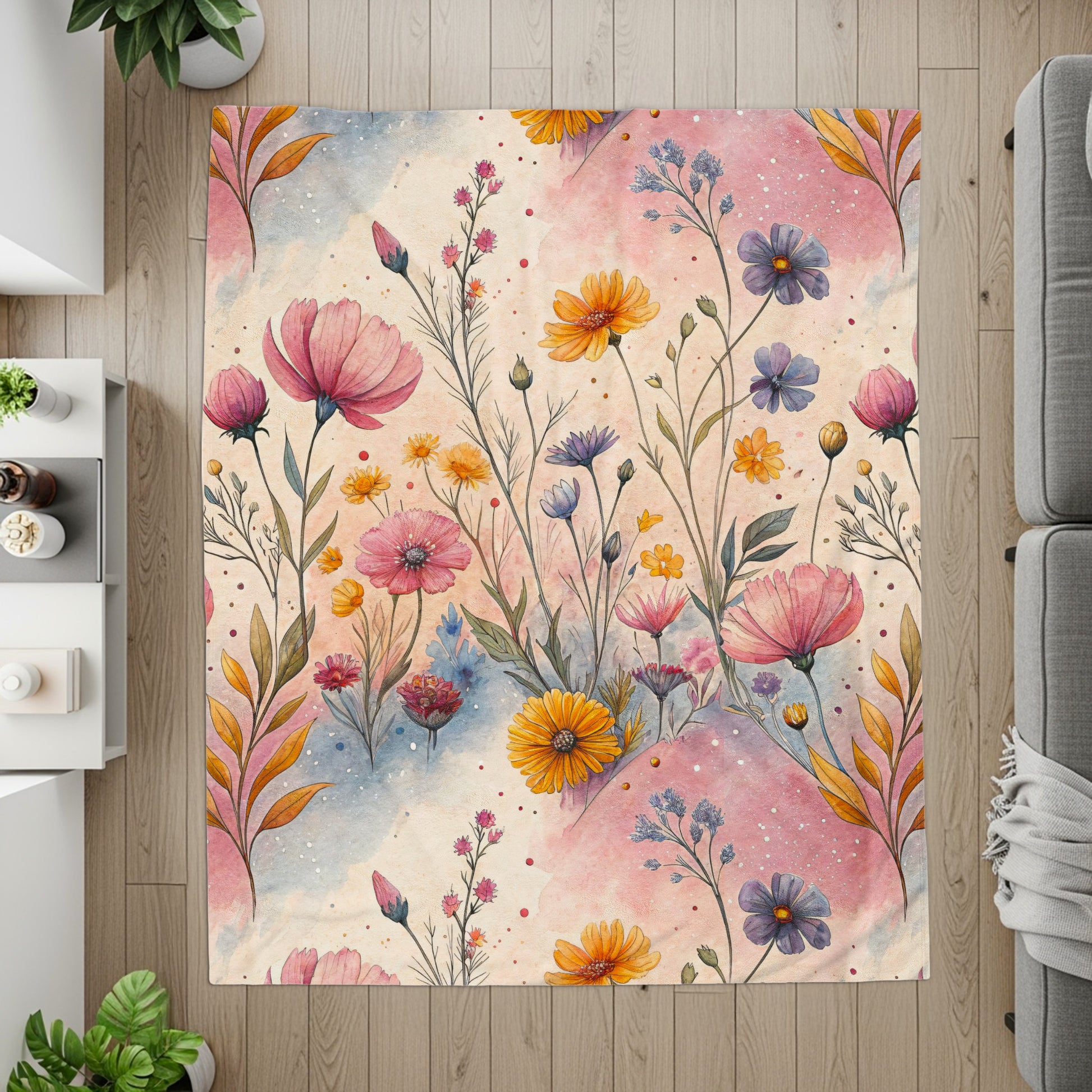 Watercolor Meadow Flowers on Light Background Velveteen Plush Blankets - Walk Greener