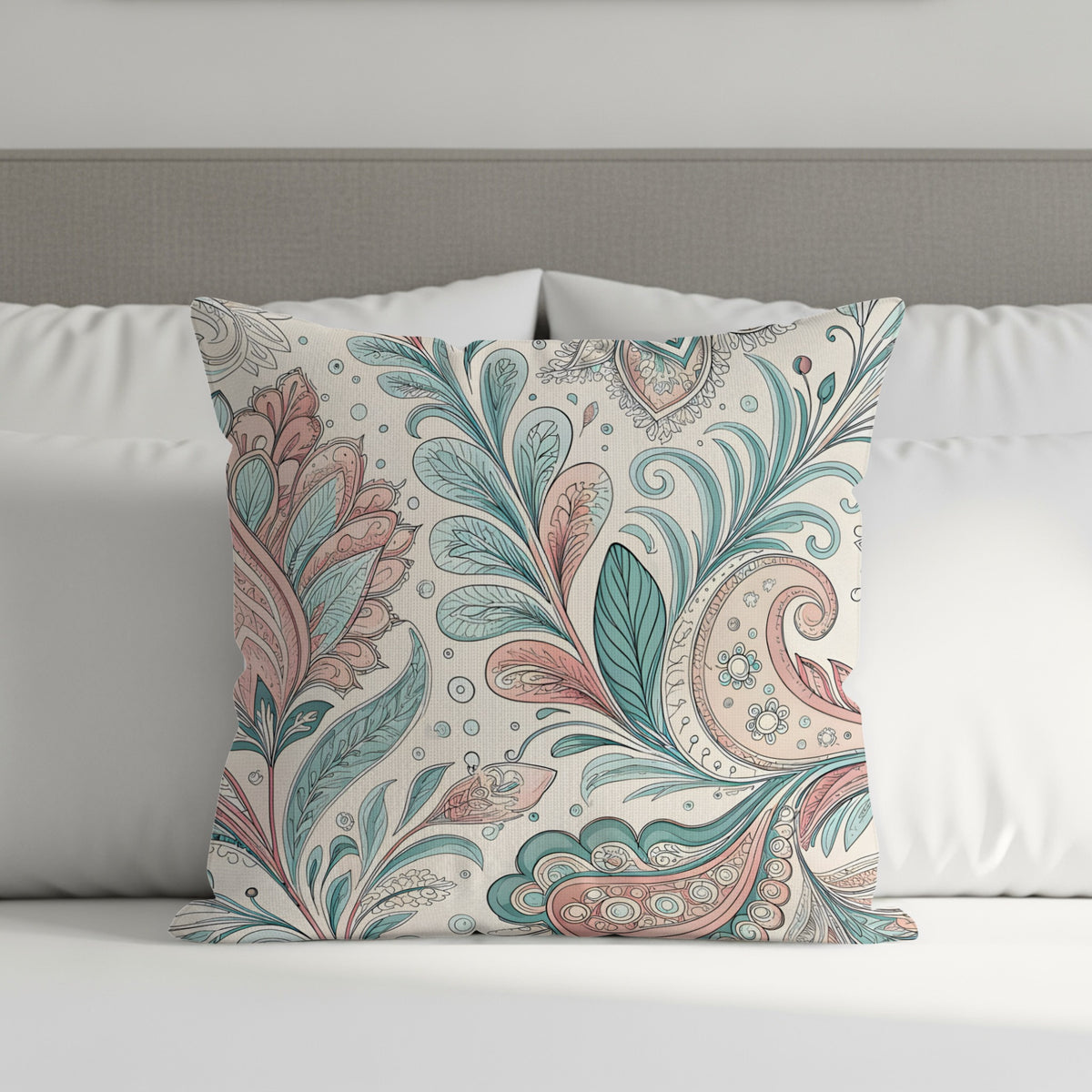 Pastel floral paisley throw pillow shown in a larger size option on an armchair