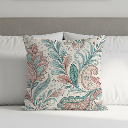 Pastel floral paisley throw pillow shown in a larger size option on an armchair