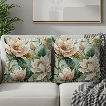 Beautiful Magnolia Flowers Green Leaves Artistic Style Throw Pillows - Walk Greener