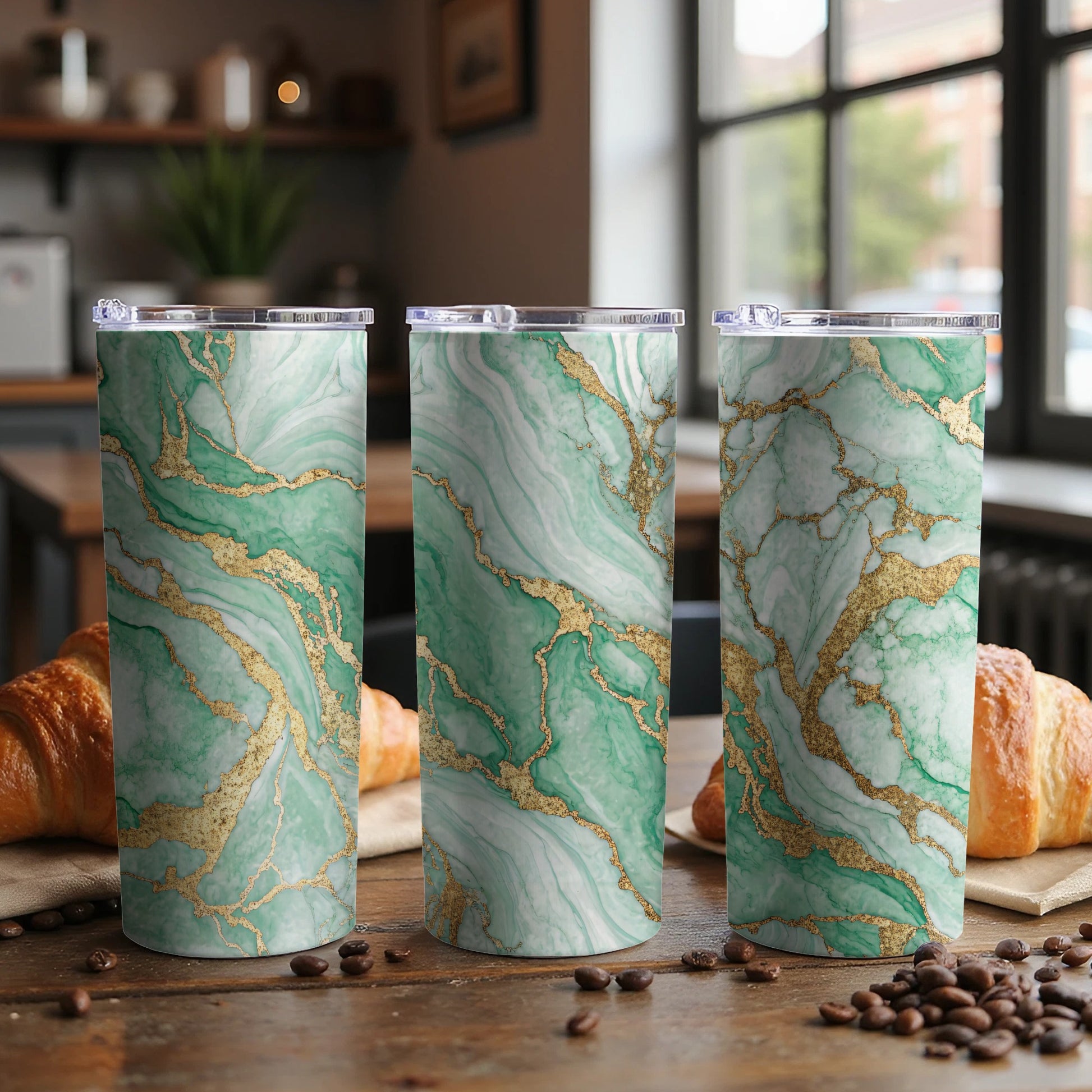 Elegant Green Marble Design Travel Tumbler Set