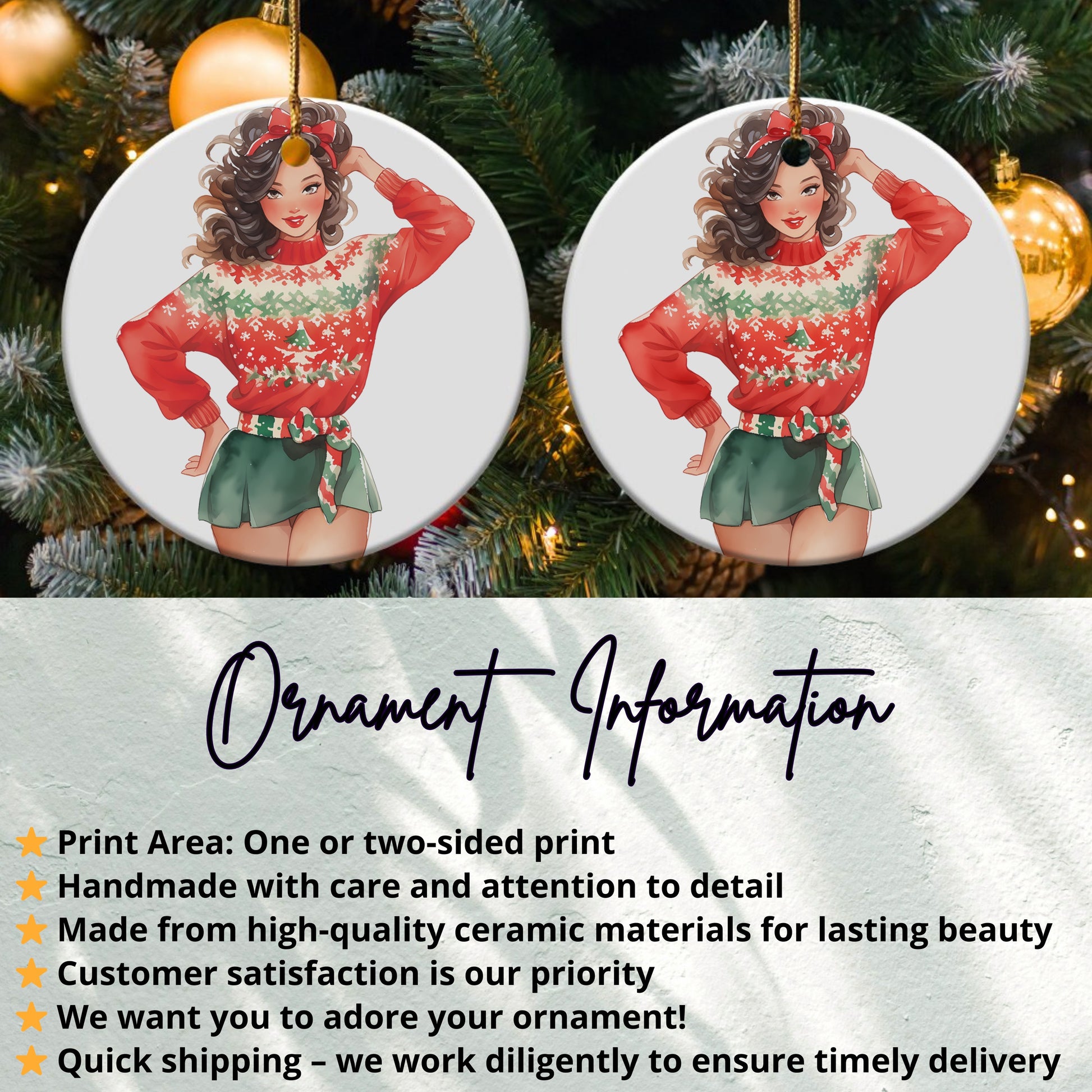 Lovely Festive Brunette with Holiday Outfit Ornament product