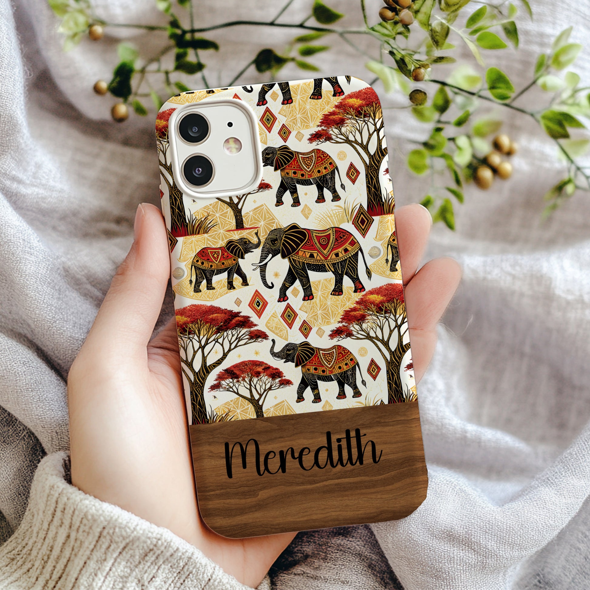 African Elephants Savannah Trees and Diamond Shapes Custom Phone Case - Walk Greener