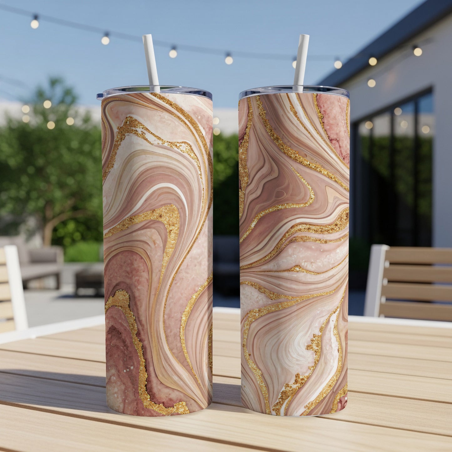 Marble Swirl Tumbler with Straw Double Wall Insulated Cups