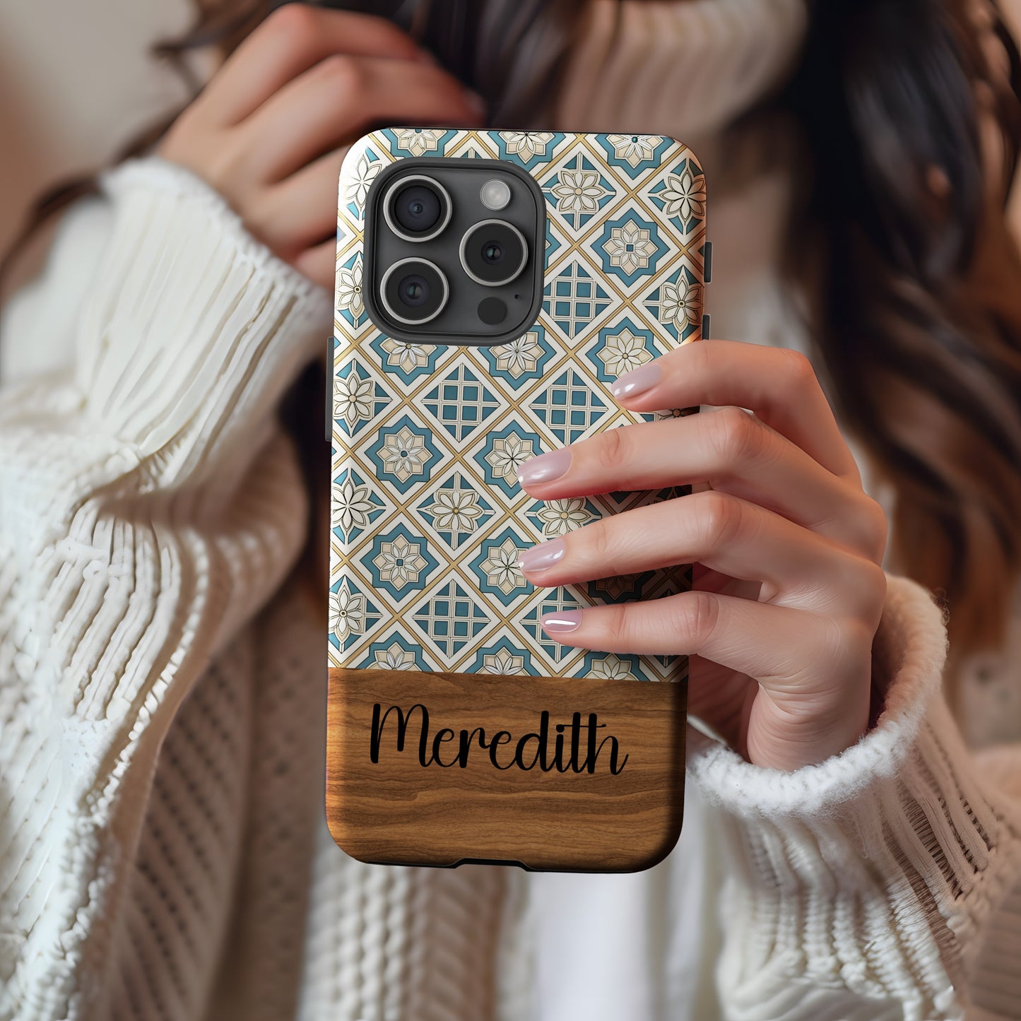 Beige Flowers Blue Diamonds Geometric Patterns Custom Phone Case - Walk Greener