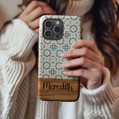 Beige Flowers Blue Diamonds Geometric Patterns Custom Phone Case - Walk Greener