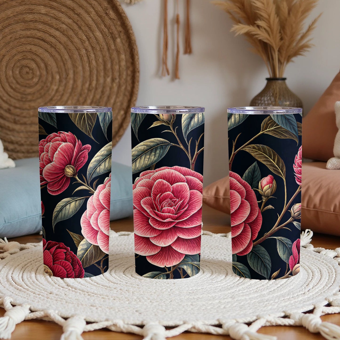 Pink Flower Detailed Floral Pattern Against Dark Background Tumblers - Walk Greener